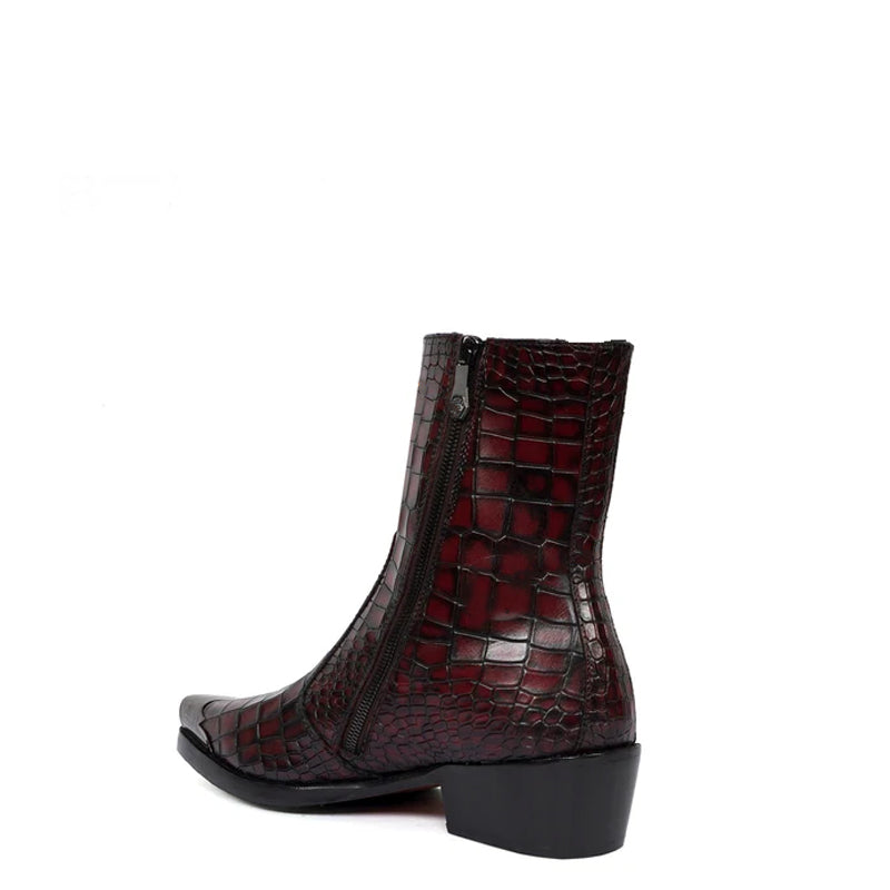 Luxury Croco Print Leather Side Zipper Boot Burgundy