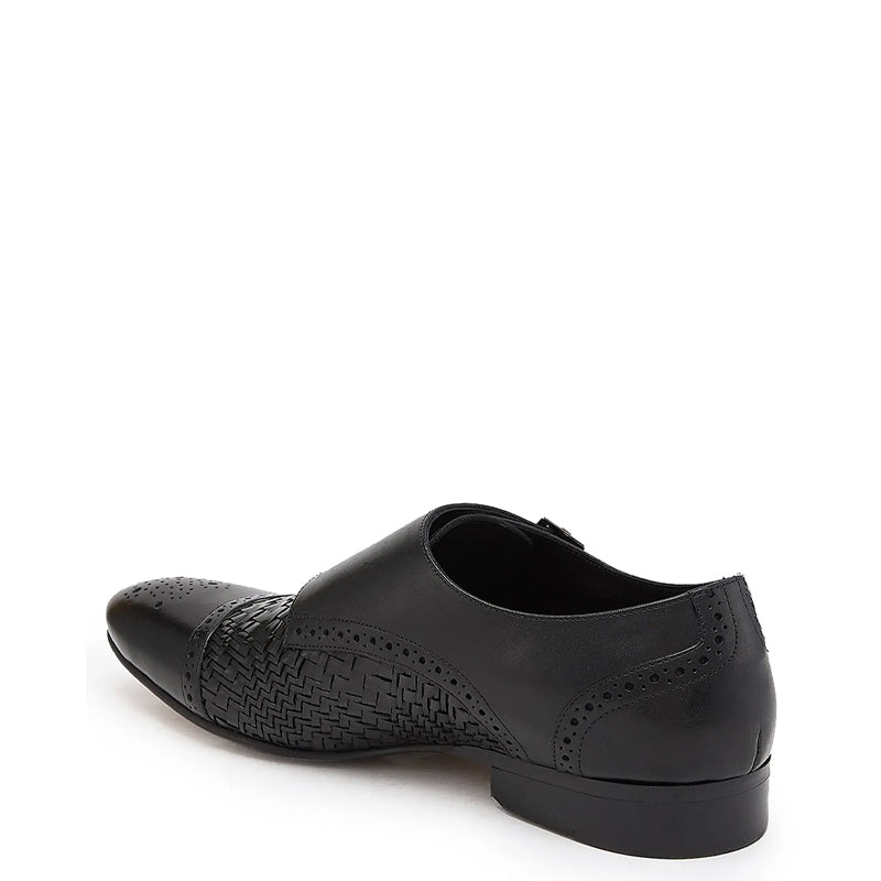 Men Woven Textured Leather Double Monk Strap Shoes