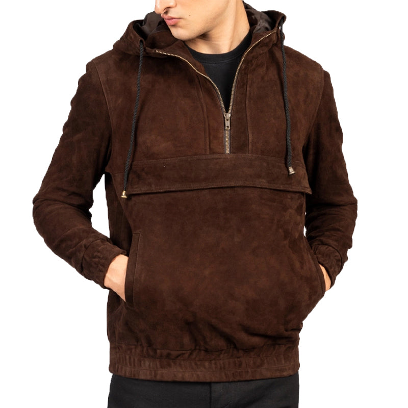 Kenton Hooded Leather Pullover Jacket For Men