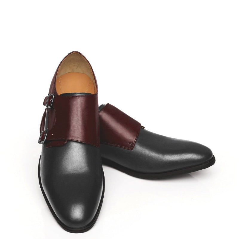 Leather Double Monk Strap Black and Gray Shoe For Men