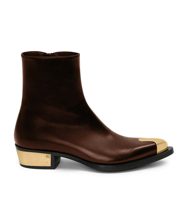 Punk Leather Boots Golden Toe Shoe - Brown
