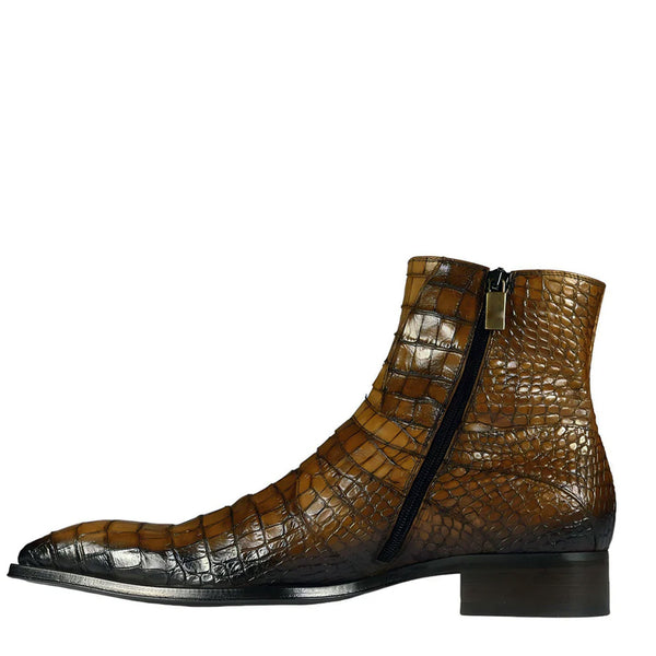 Croco Leather Zip Up Boots - Tan