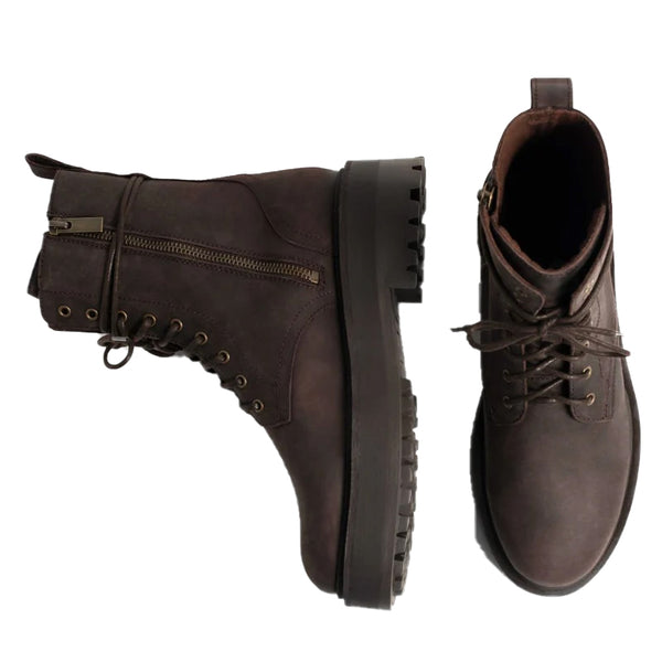 Lace Up Leather High Top Combat Boots - Dark Brown