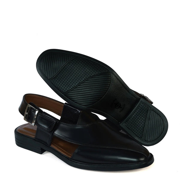 Leather Handmade Cross Strap Peshawari Sandal - Black