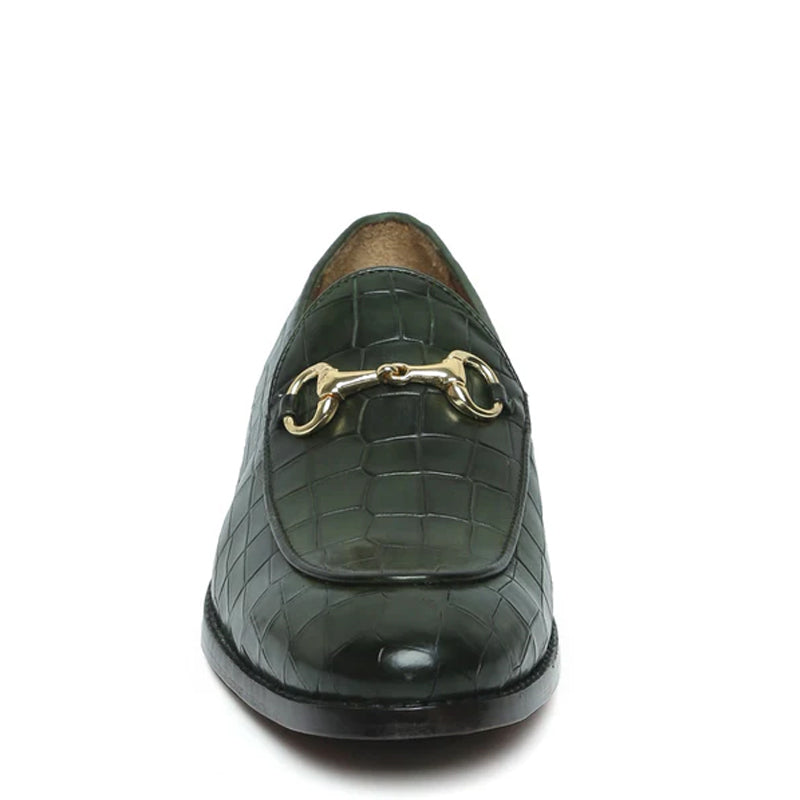 Croco Leather Horse bit Buckled Green Loafer