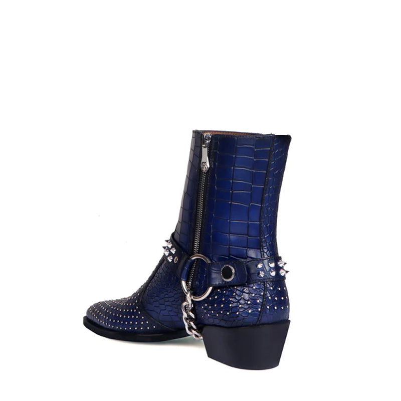 Croco With Silver Studded Buckle Side Zipper Chain Boots