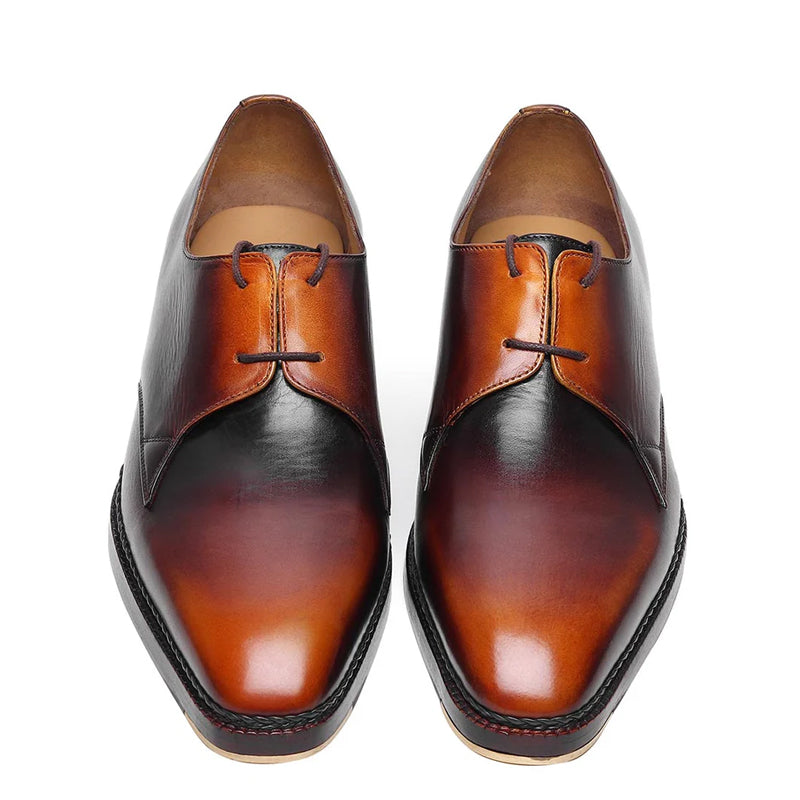 Pure Leather Cuban Heel Formal Derby Shoe Tan Burgundy
