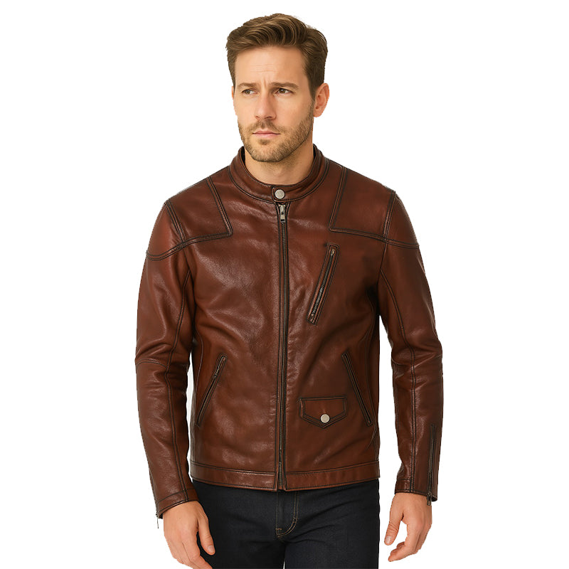 Men s Zip Up Vintage Burgundy Biker Jacket with Stand Collar and Pockets