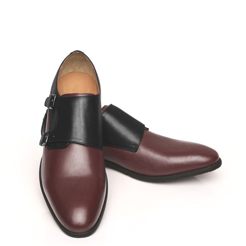 Leather Double Monk Strap Black and Gray Shoe For Men