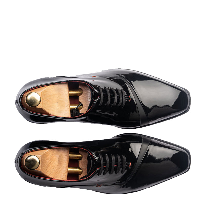 Meta Cut Shiny Leather Oxford Black Tan Shoe