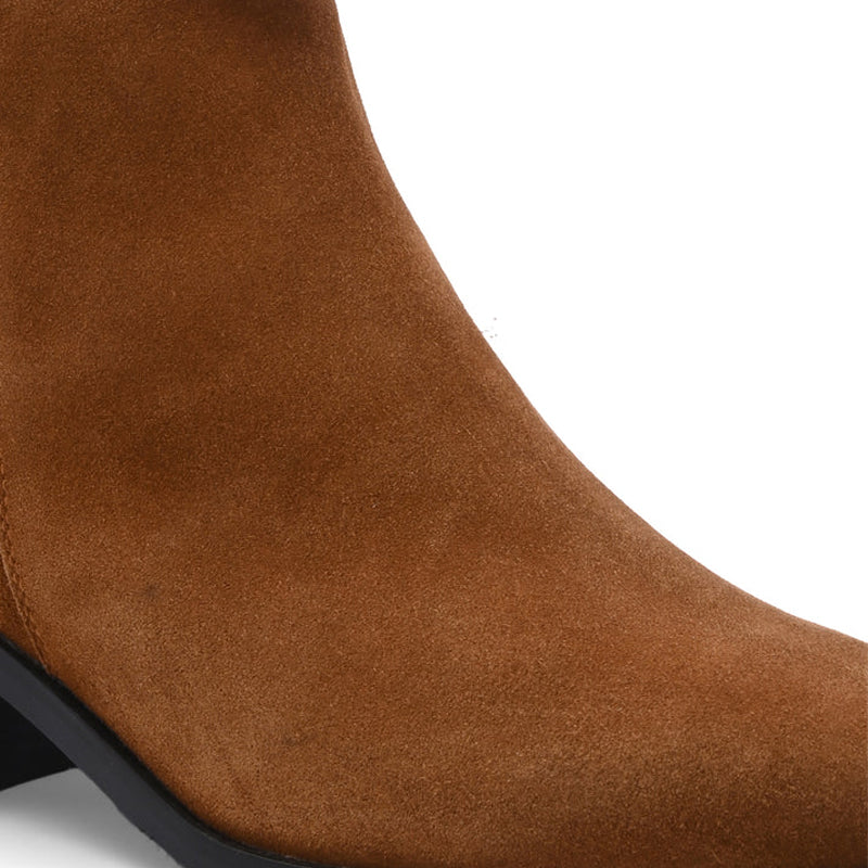 Suede Leather High Heel Side Zipper Boot Tan