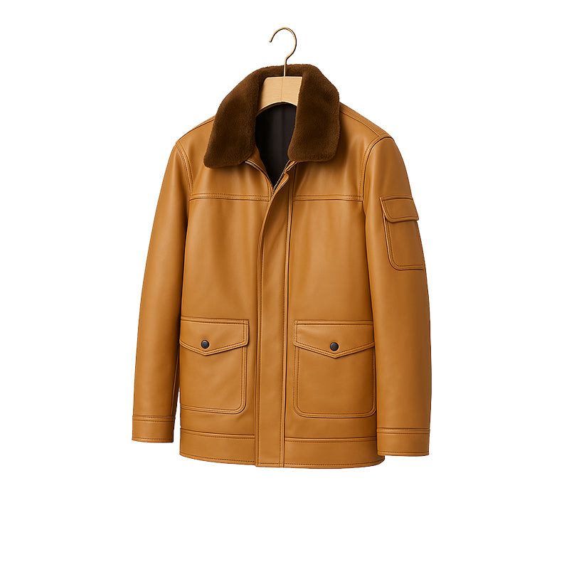 Men's Luxurious Burgundy Front Pocket Jacket with Fur Collar