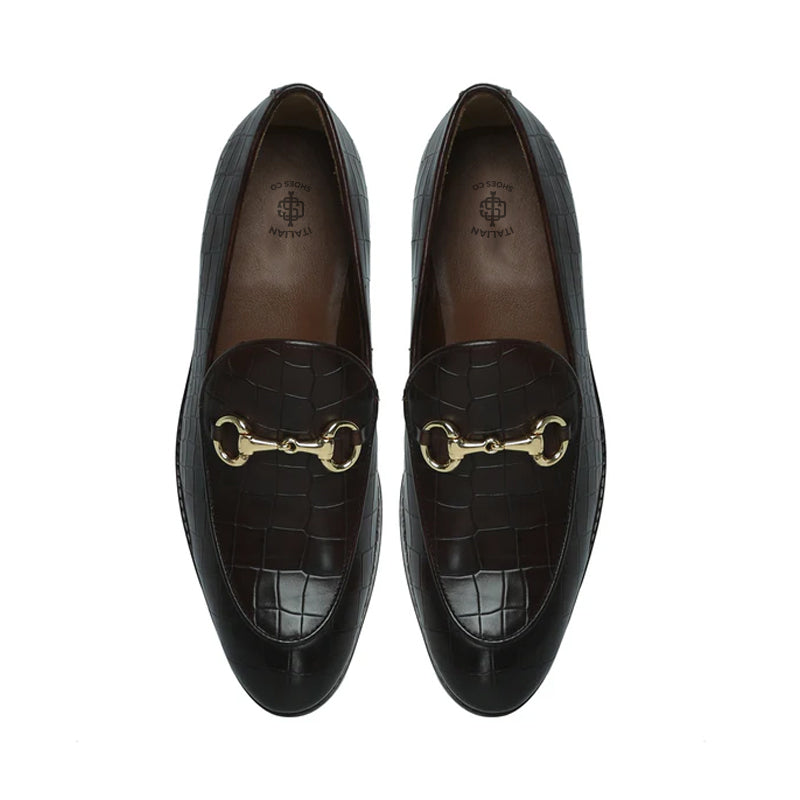 Croco Leather Horse bit Buckled Green Loafer