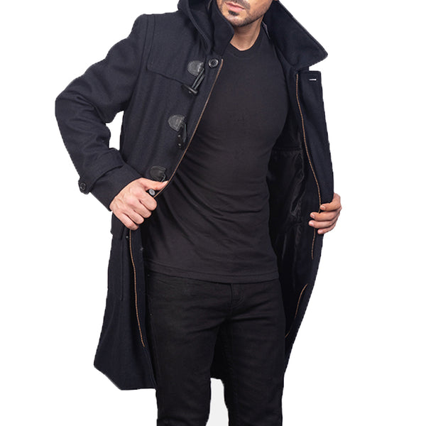 Drake Leather Hooded Coat For Men - Black