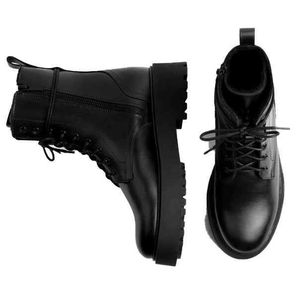 Lace Up Leather High Top Combat Boots - Black