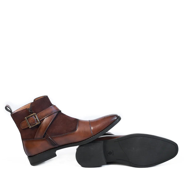 Leather Side Zip Up Buckled Ankle Boot