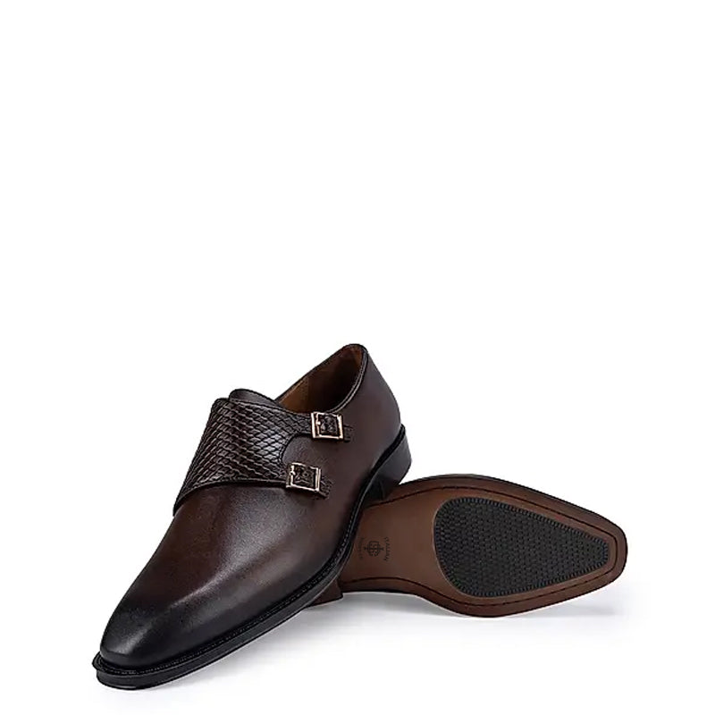 Polished Shiny Leather Textured Double Monk Shoe Black