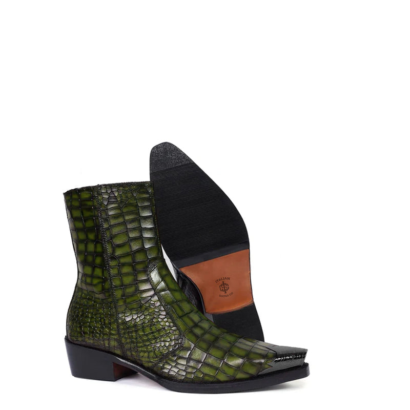 Luxury Croco Print Leather Side-Zipper Boots