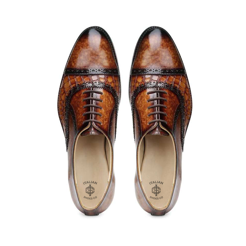 Croco Regent Embossed Leather Oxford in Rich Brown