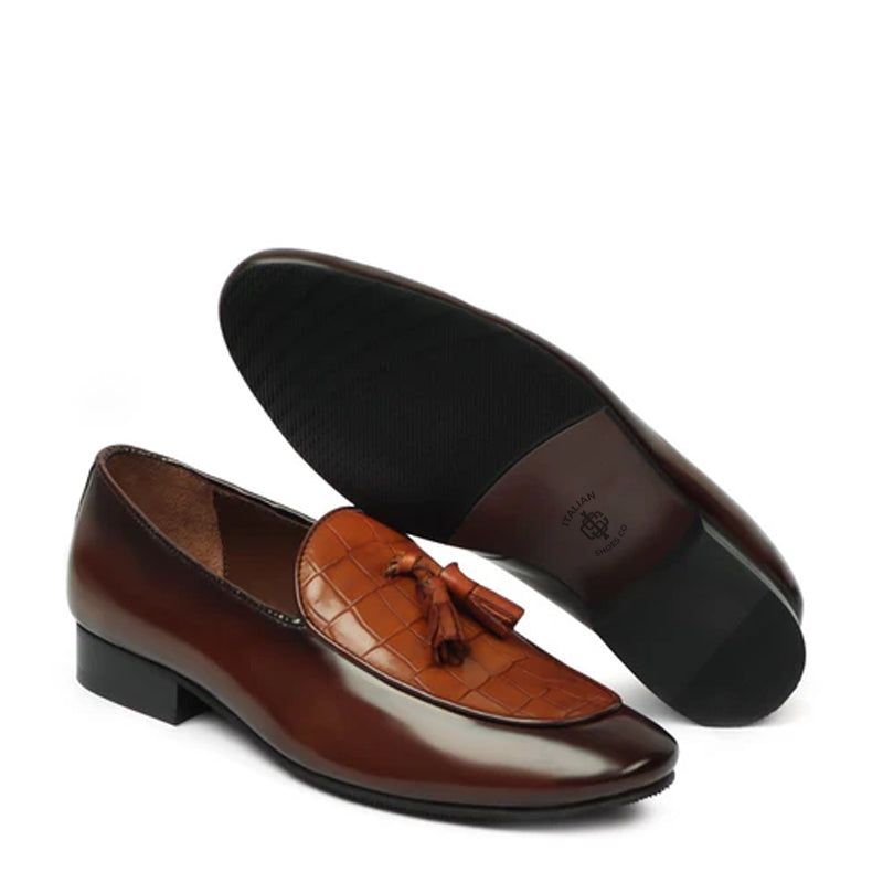 Croco Leather Tan Brown Tassel Loafer With Deep Cut