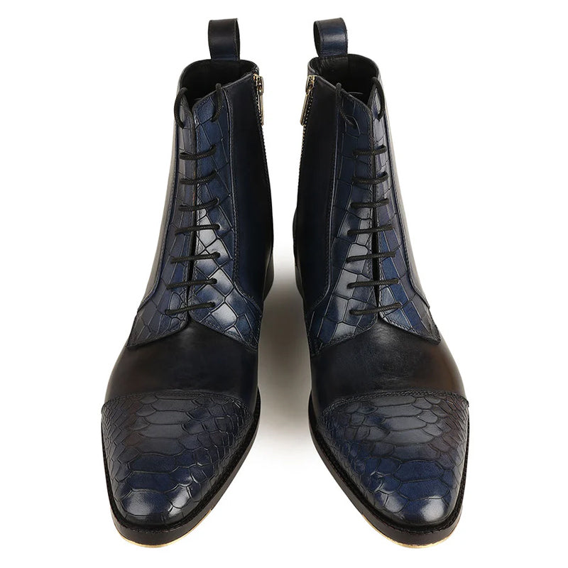 Luxury Croco Leather Cap Toe Side Zipper Boot Black Blue