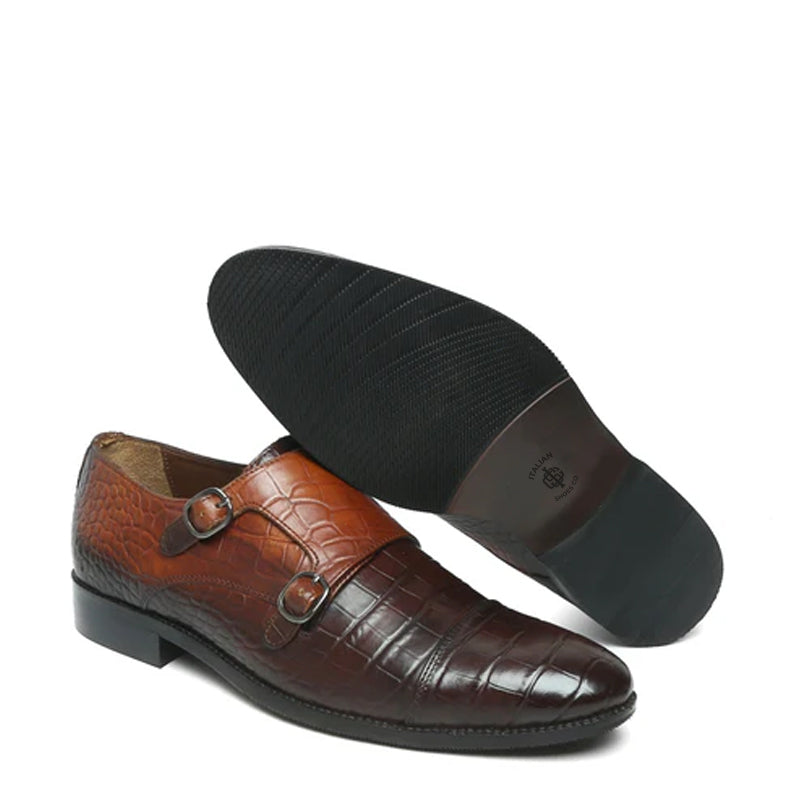 Men Crocodile Leather Double Black Monk Shoe