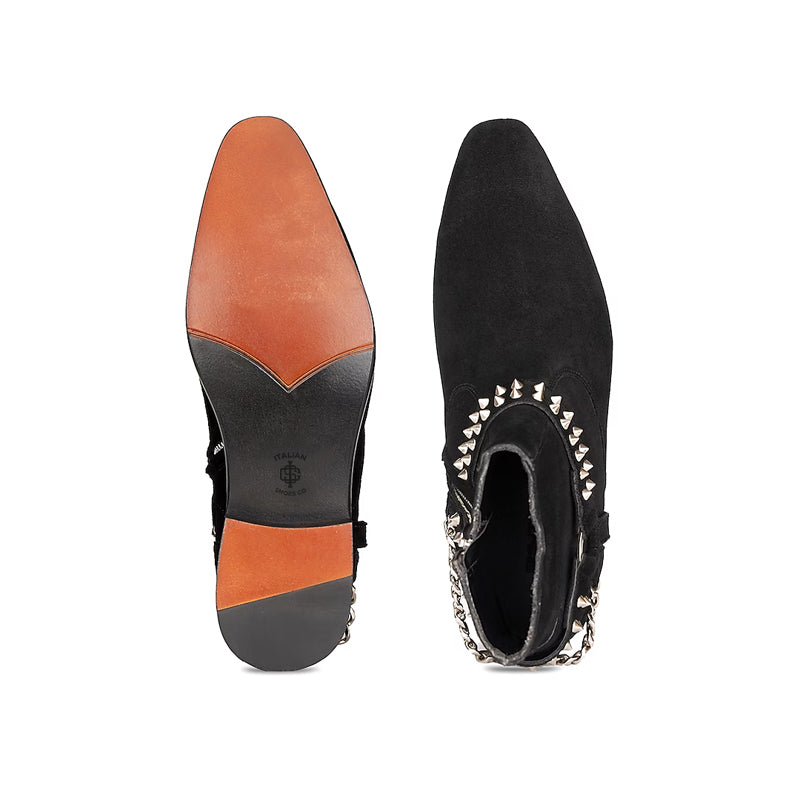 Luxury Spike Stud Velvet Side Zipper Black Boot With Chain