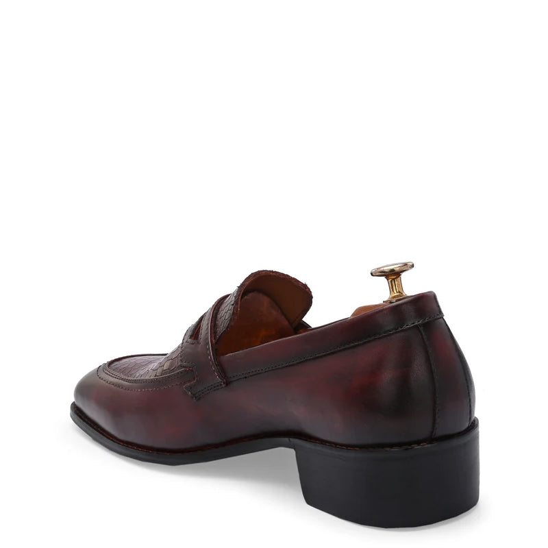 Luxury Croc Upper Cuban Heel Leather Burgundy Loafer