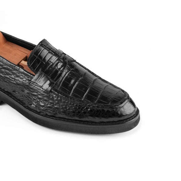 Croco Print Handmade Penny Leather Loafer - Black