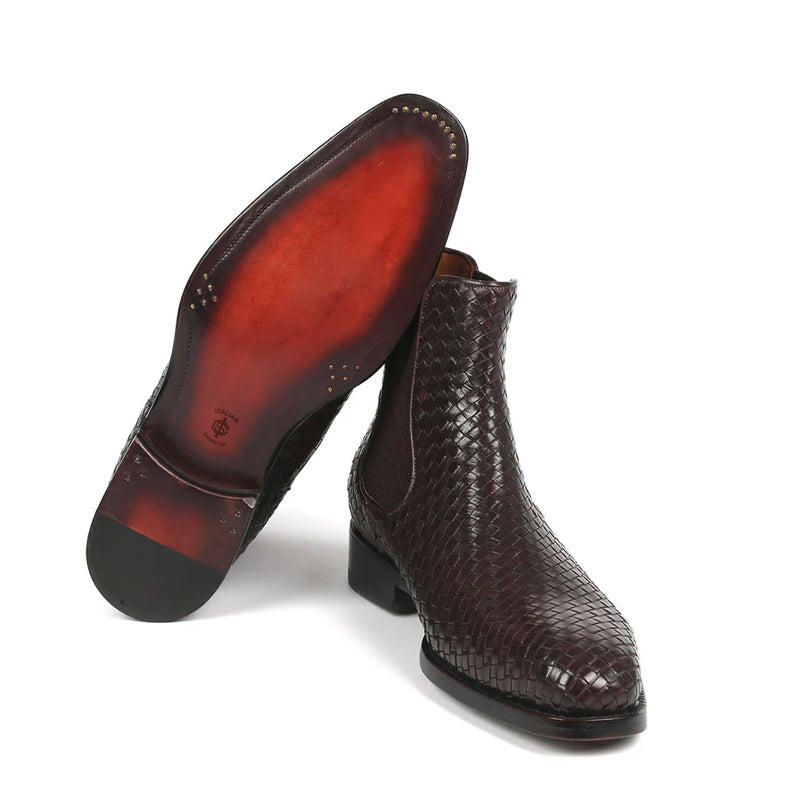 Woven Handmade Shiny Leather Chelsea Brown Boot