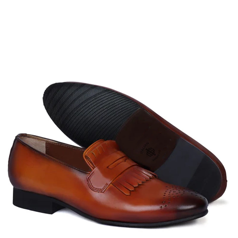 Patent Leather Slip On Tan Shoe With Fringes