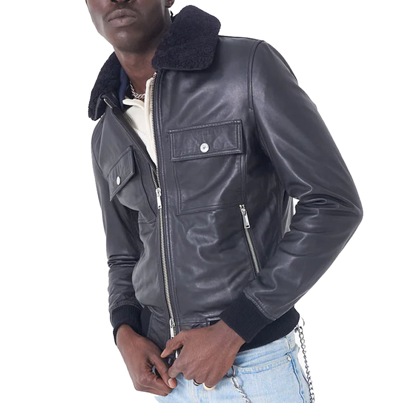 Bomber Leather Jacket Black Fur