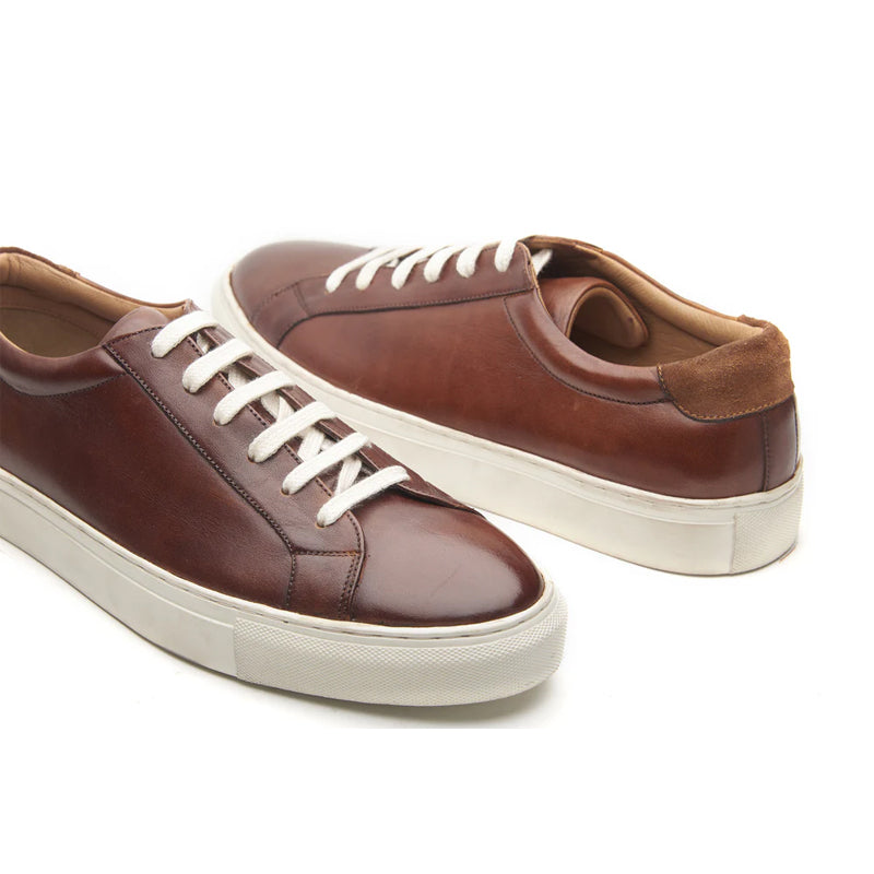 Cognac Leather Lace-Up Sneakers For Men