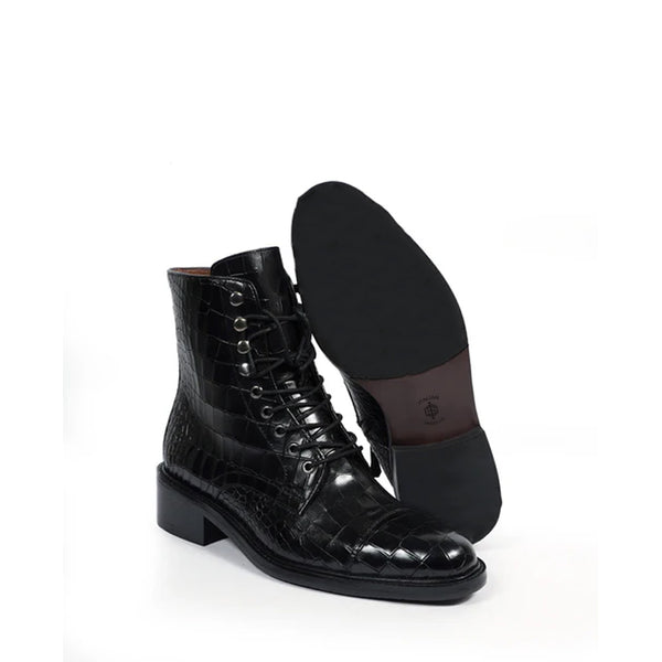 Croco Leather Lace Up High Ankle Boot