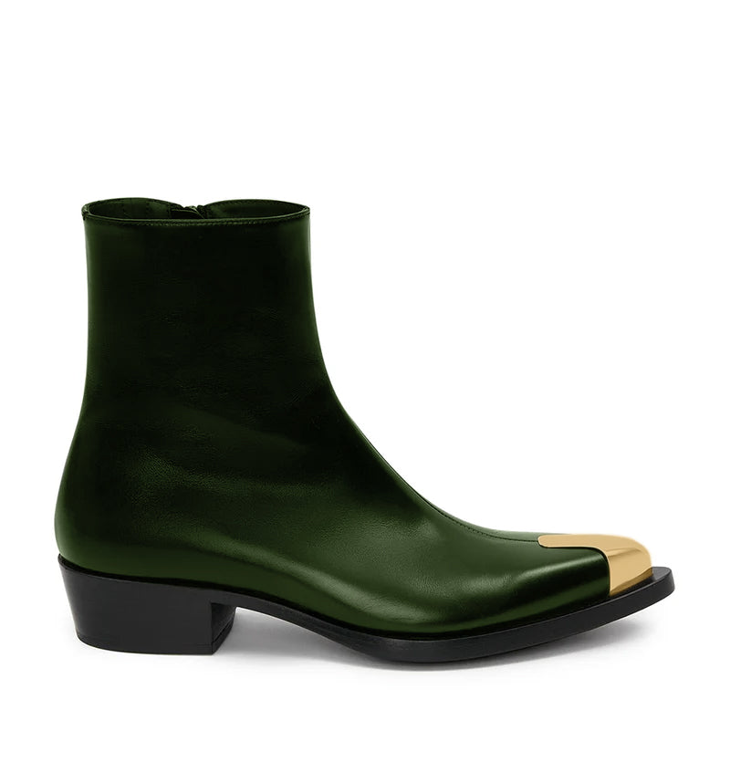 Punk Leather Boots Golden Toe Black