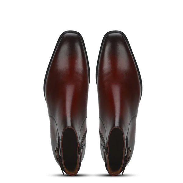 Men Solid Leather Side Zipper Boot With Buckle