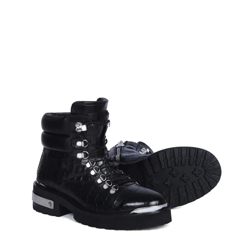 Croco Deep Cut Leather Lace UP Ankle Boot Black