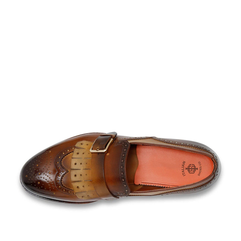 Handmade Leather Single Buckle Burgundy Loafer With Fringe