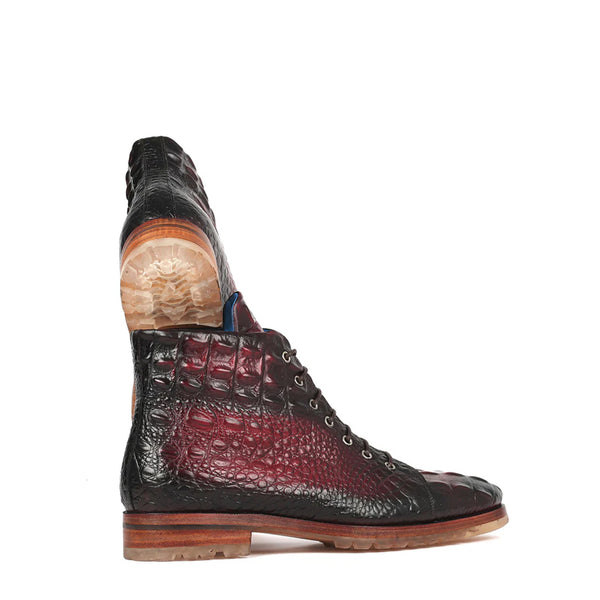 Hand Painted Croco Print Leather Lace Up Boot Burgundy - Burgundy