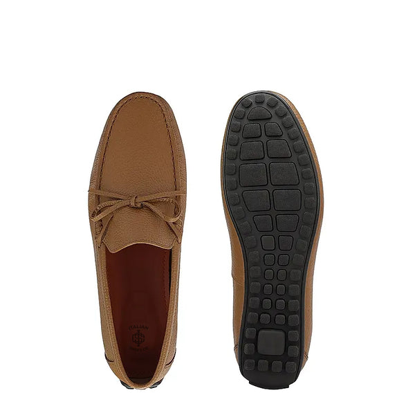 Men Round Toe Leather Driving Tan Loafer