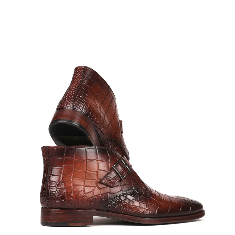 Single Monk Straps Croco Print Leather Ankle Boots