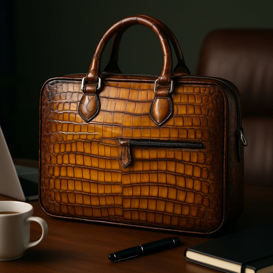 Men's Original Luxury Blue Crocodile Leather Briefcase Bag