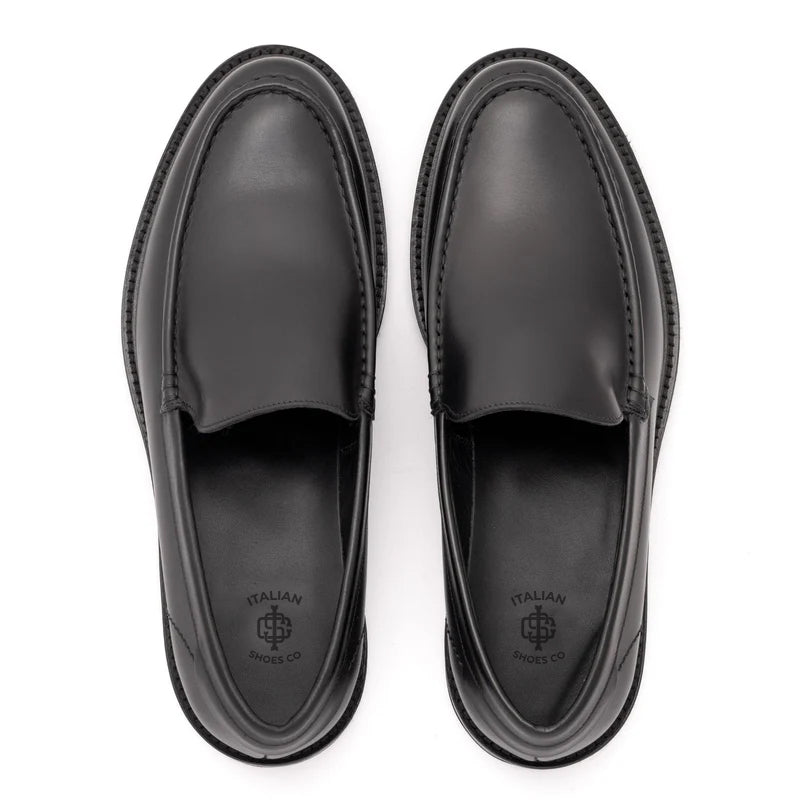 Round Toe Slip On Leather Black Loafer