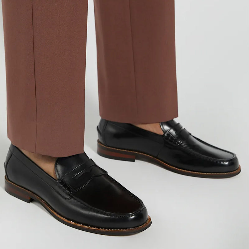 Leather Penny Trim Black Loafer For Men