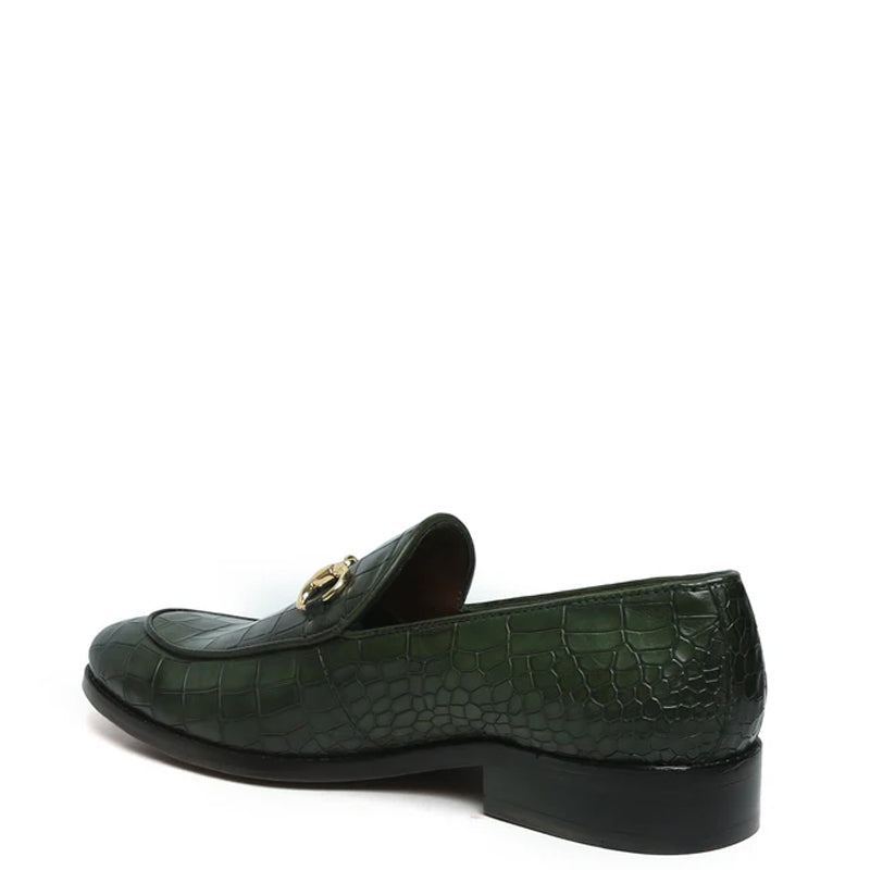Croco Leather Horse bit Buckled Green Loafer