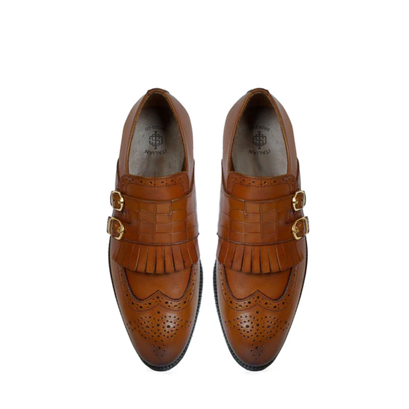 Croco Textured Double Monk Black Shoe with Fringes