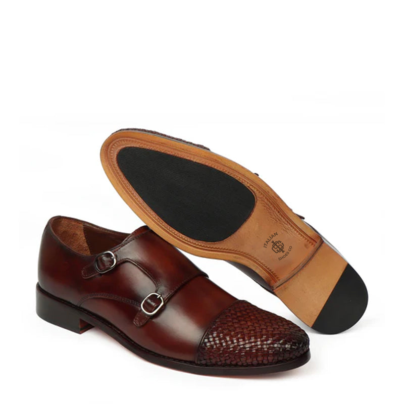 Double Monk Woven Leather Cap Toe Tan Shoe