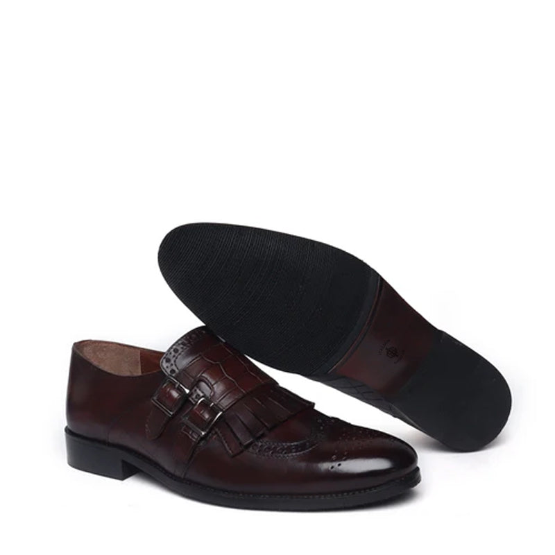 Men Leather Double Monk Strap Shoes with Fringes