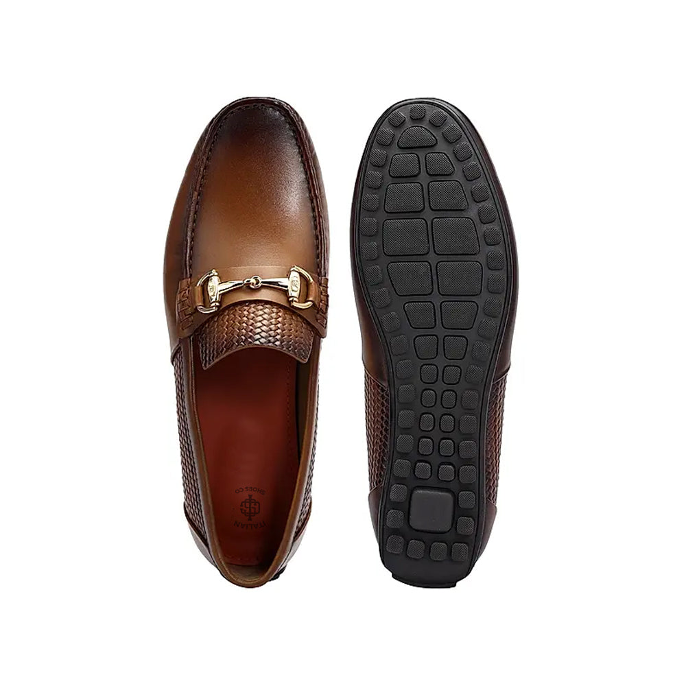 Men Round Toe Leather Moccasins Buckled Tan Loafer