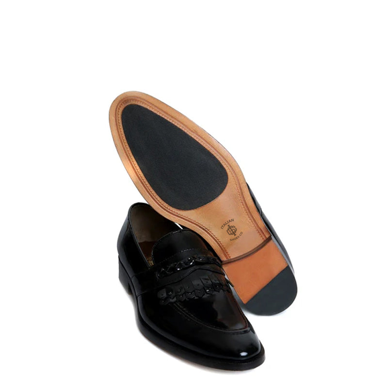 Patent Shiny Leather Black Loafer With Fringe